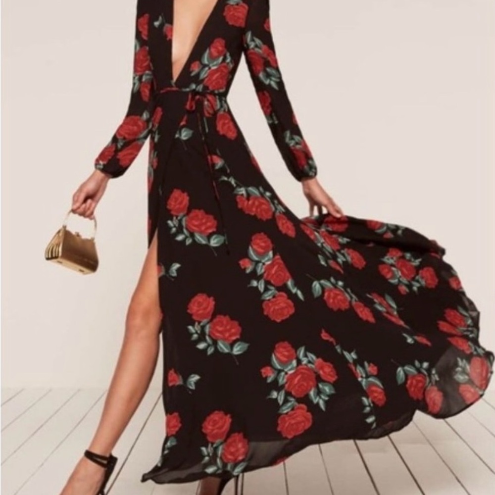 Reformation Black and Red Floral Long Sleeve Dress Size Medium - Picture 3 of 16